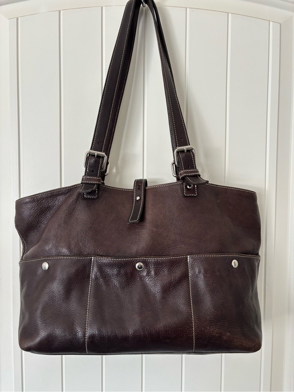 Vintage Roots Genuine Leather Brown Tote Bag Large Y2K 2000’s Slouchy Shoulder